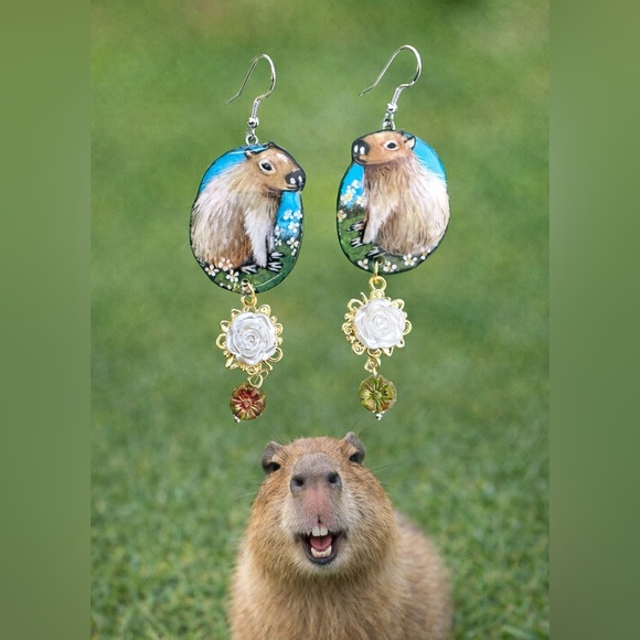 Jewelry - Capybara handpainted earrings w dangle white flower charm OOAK